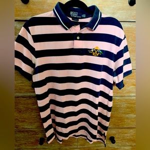 Polo by Ralph Lauren. Men’s pink and navy stripe. Short sleeve. Custom fit. XL